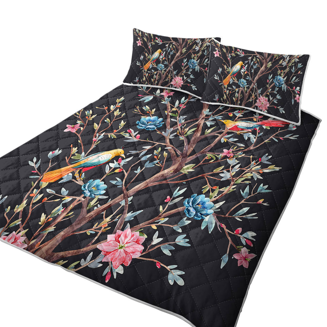 Art Painting Flowering Bird Tree California King Quilt Sets