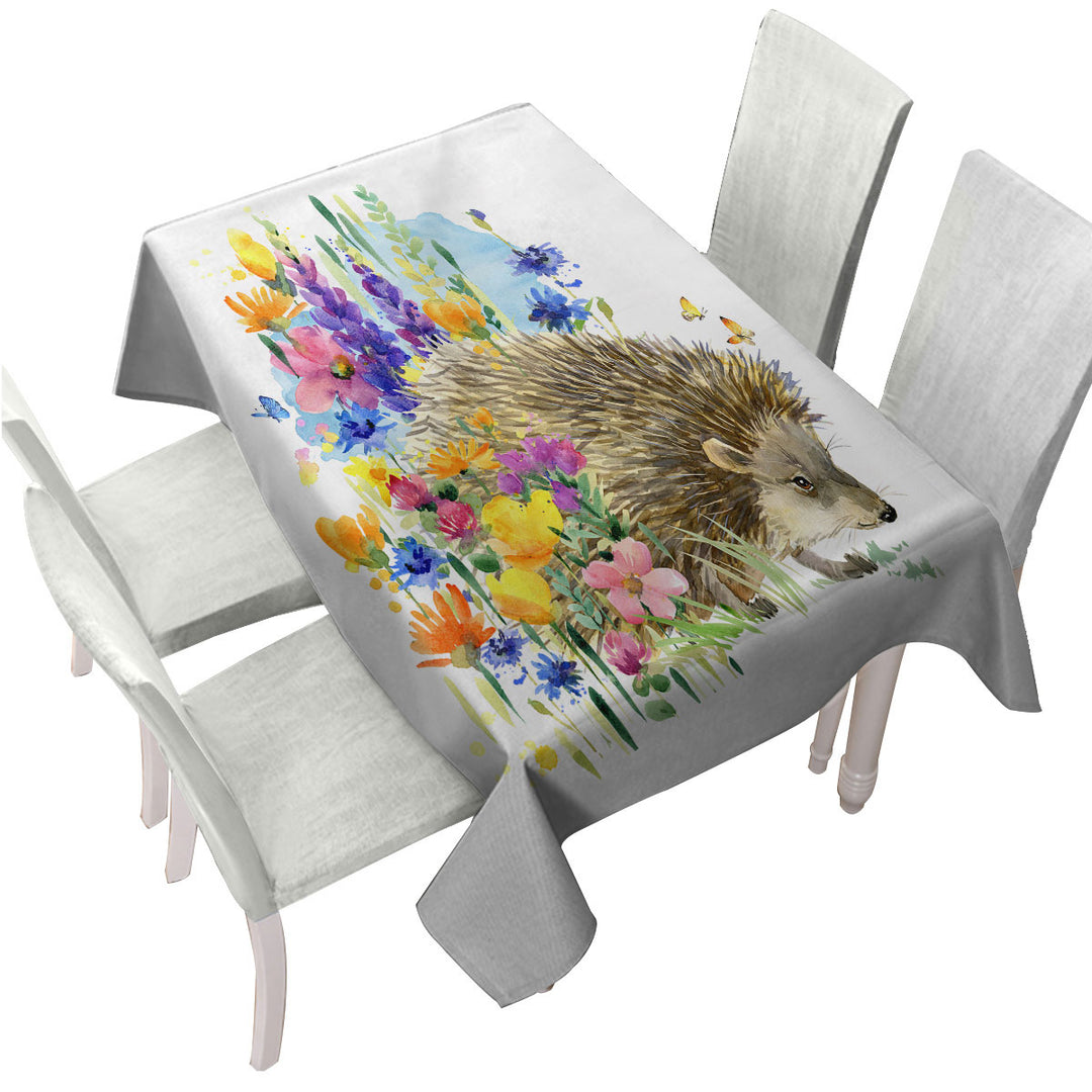 Art Painting Flowers and Cute Hedgehog Table Cover