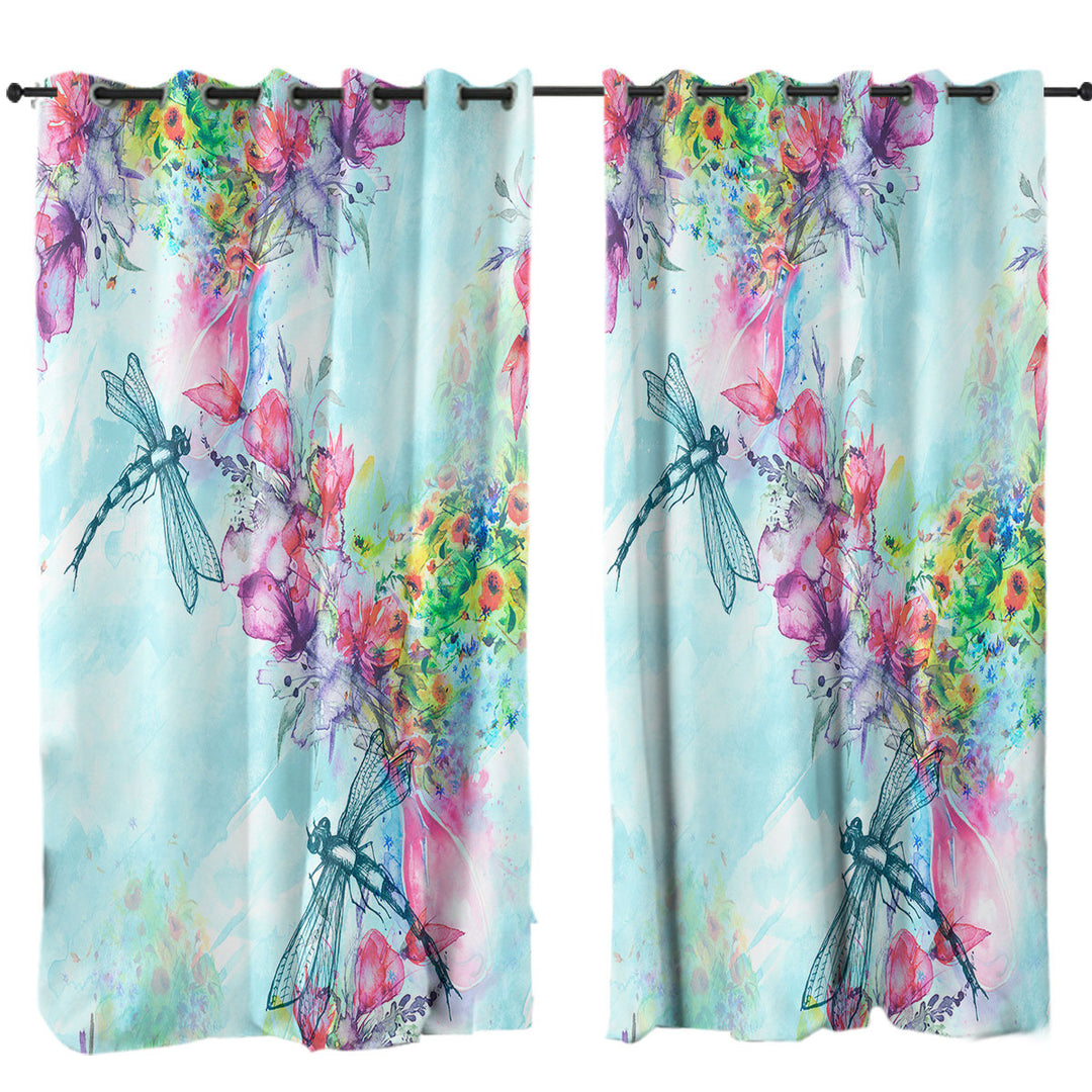 Art Painting Flowers and Dragonflies Curtain