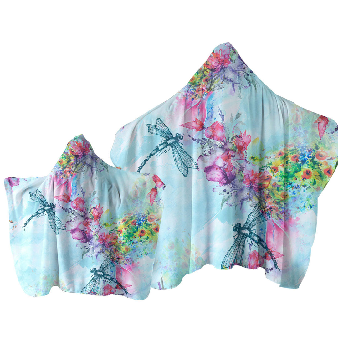 Art Painting Flowers and Dragonflies Hooded Beach Towel