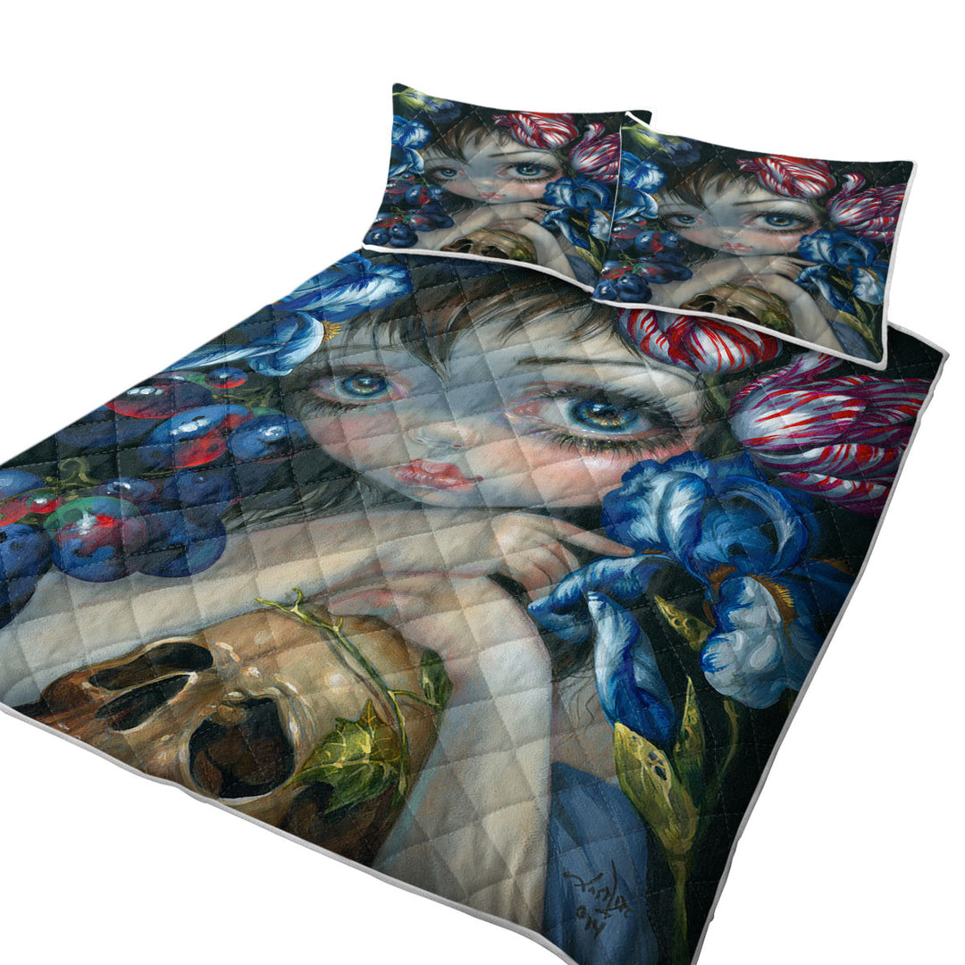 Art Painting Girl with Flower Blossom and Skull Quilt