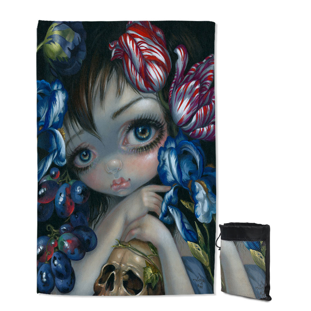Art Painting Girl with Flower Blossom and Skull Swims Towel