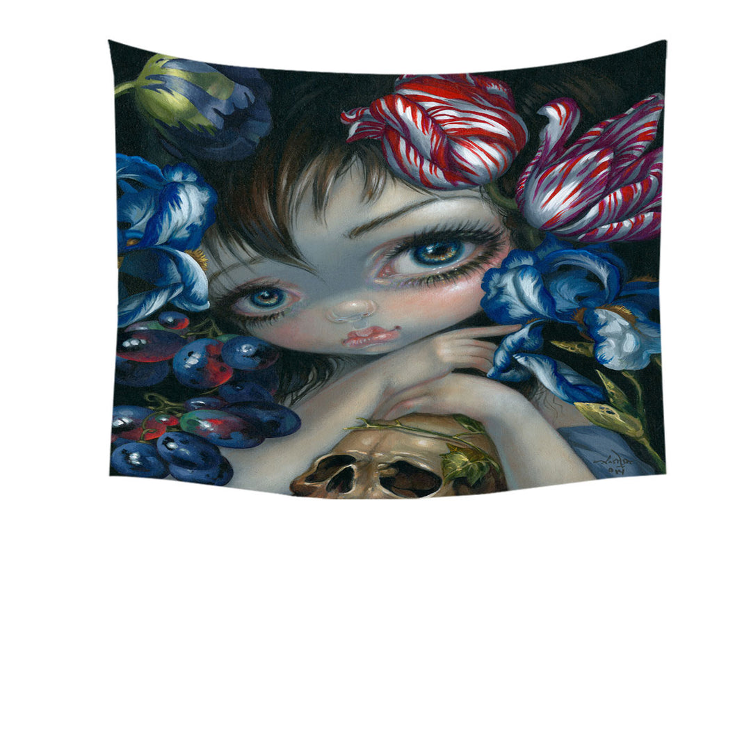 Art Painting Girl with Flower Blossom and Skull Tapestry Wall Decor