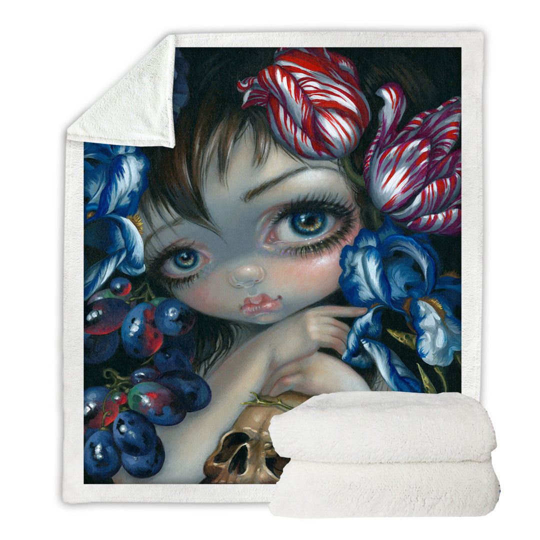 Art Painting Girl with Flower Blossom and Skull Throw Blanket