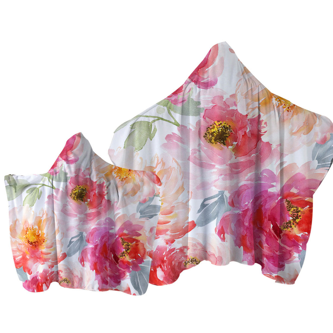 Art Painting Peach Red Flowers Hooded Beach Towel