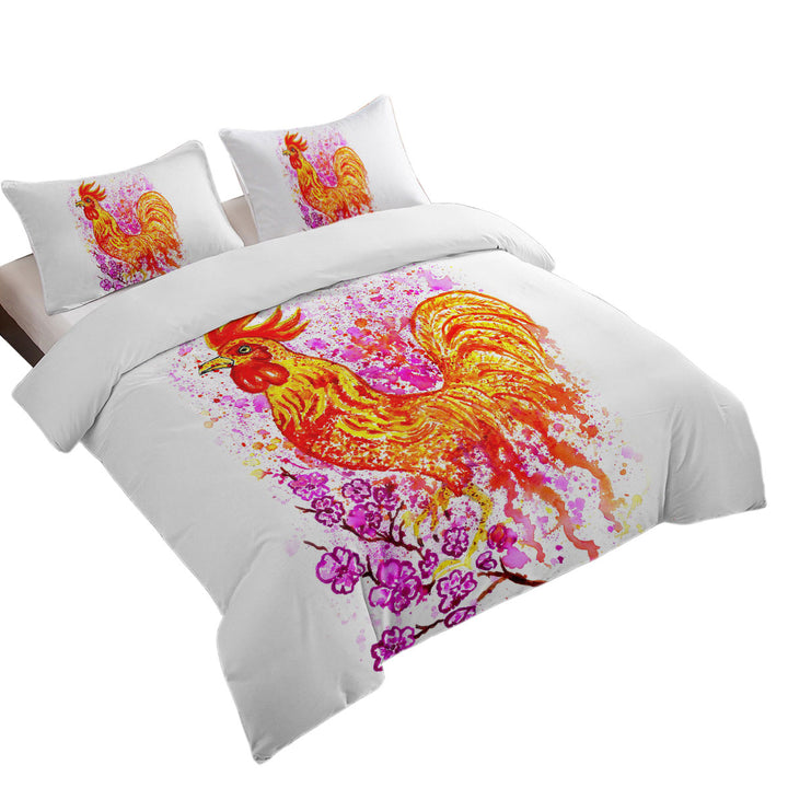 Art Painting Pink Flowers and Fire Rooster Coverlets