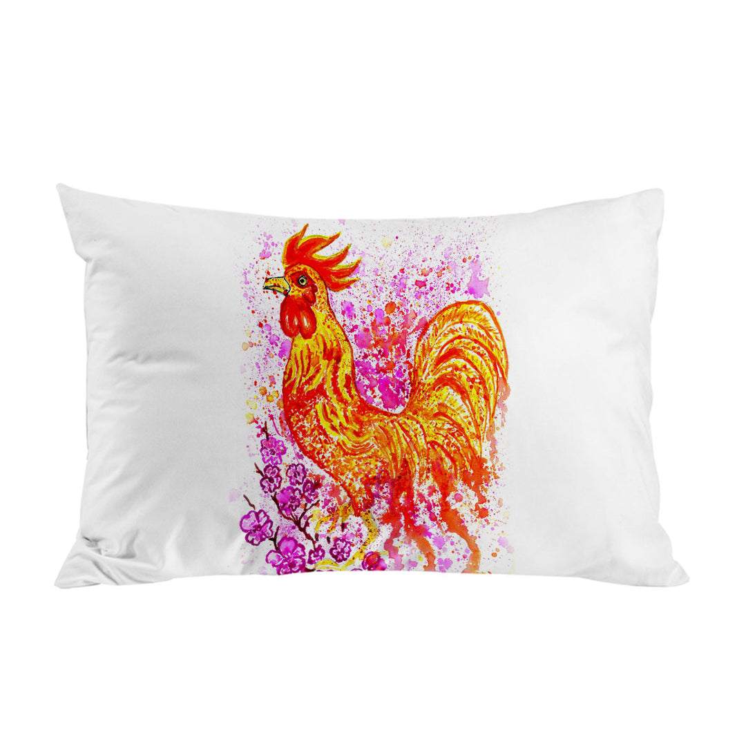 Art Painting Pink Flowers and Fire Rooster Pillow Case Covers