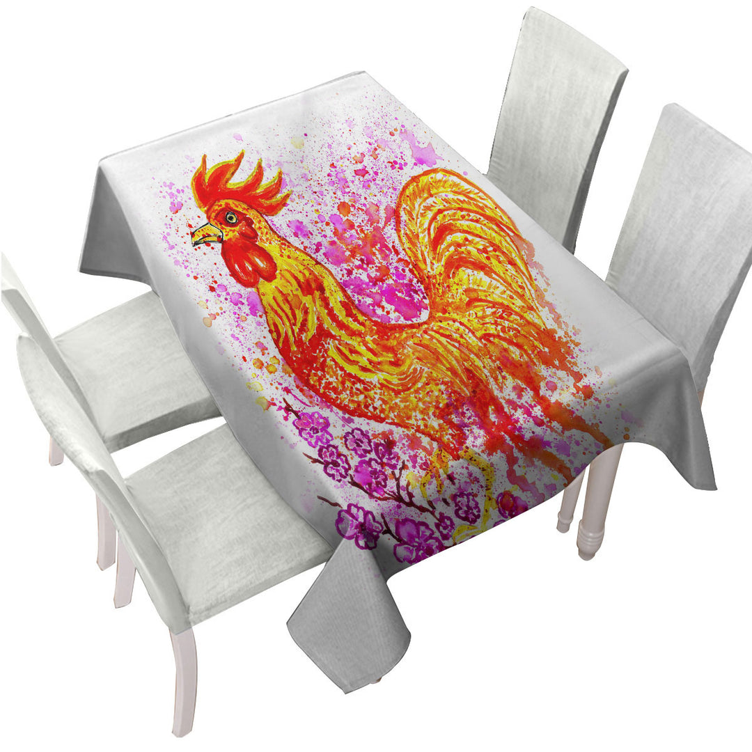 Art Painting Pink Flowers and Fire Rooster Tablecloth