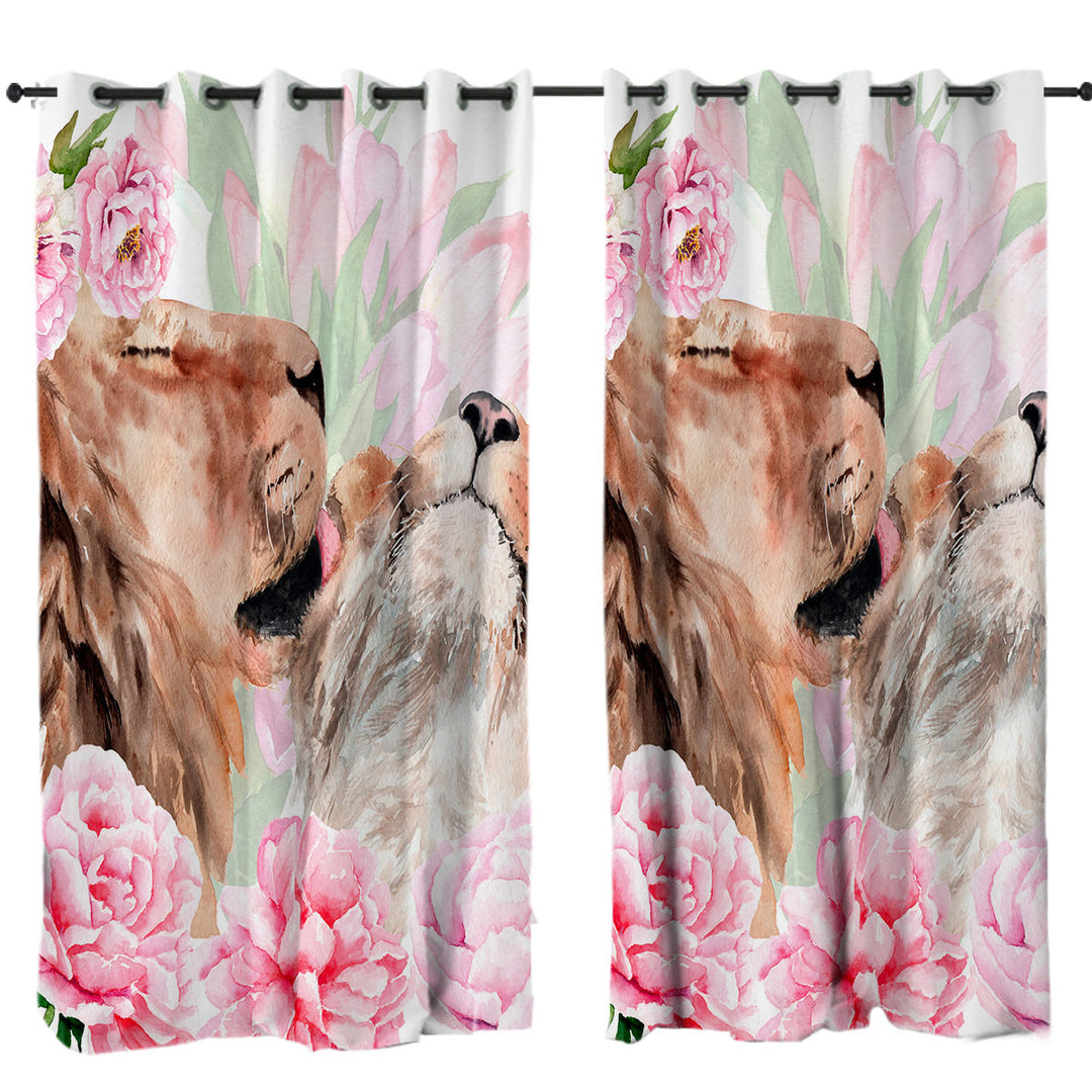 Art Painting Pinkish Flowers and Loving Lions Curtain