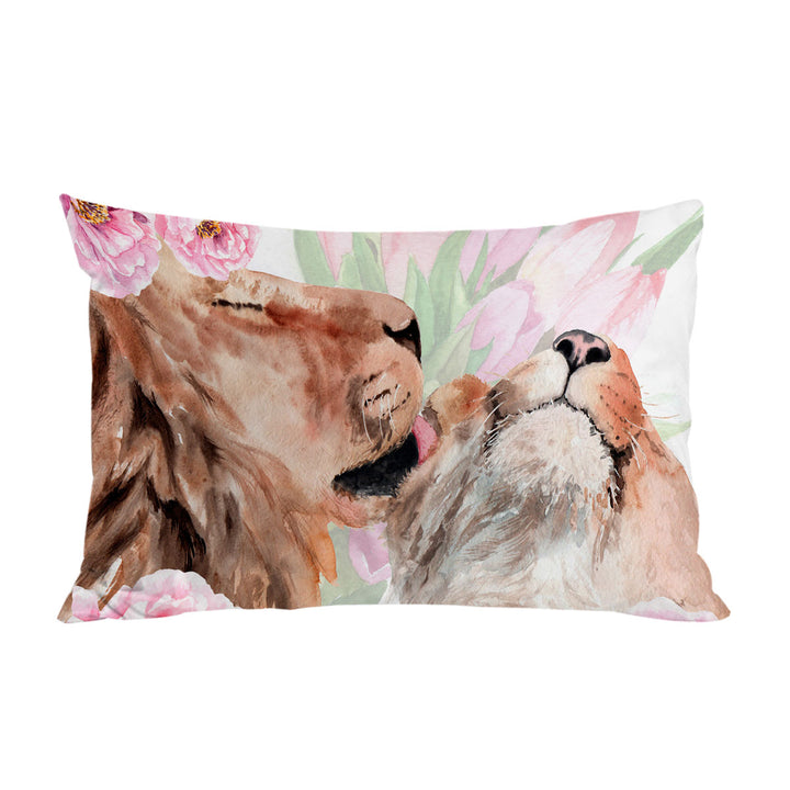 Art Painting Pinkish Flowers and Loving Lions Pillowcases