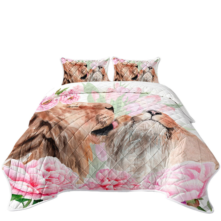 Art Painting Pinkish Flowers and Loving Lions Quilt