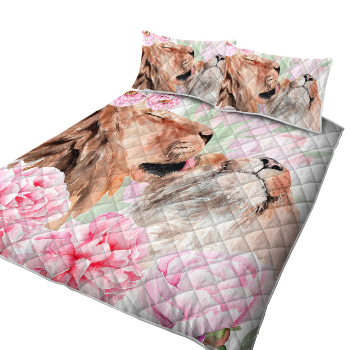 Art Painting Pinkish Flowers and Loving Lions Quilts