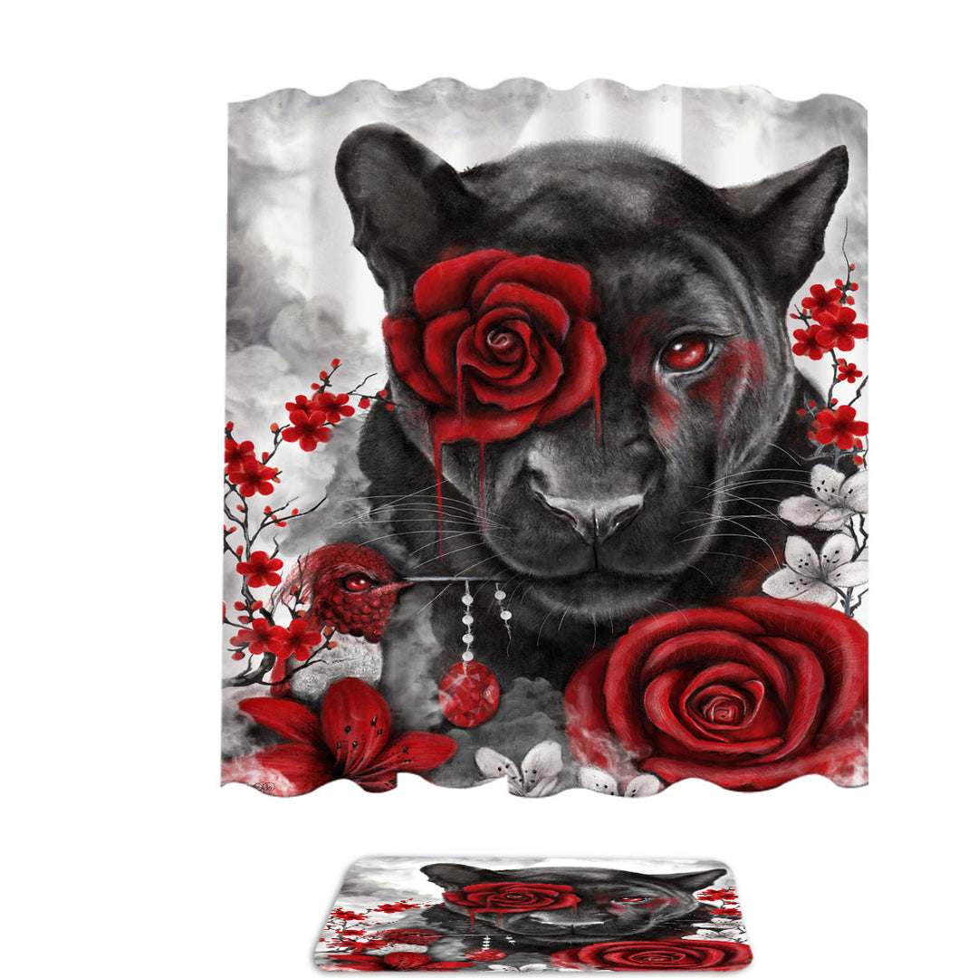 Art Painting Shower Curtains Ruby Rose Panther and Hummingbird