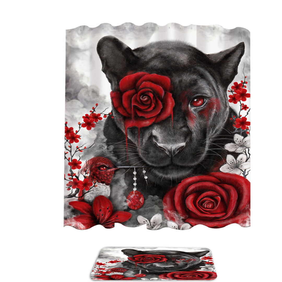 Art Painting Shower Curtains Ruby Rose Panther and Hummingbird