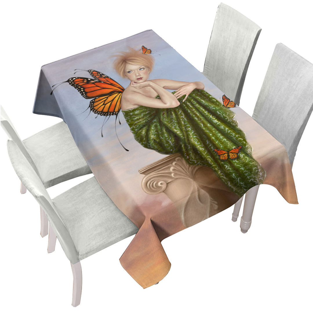 Art Painting Sunrise Butterfly Girl Tablecloth