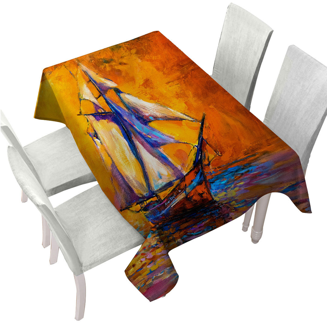 Art Painting Sunset Sailboat Tablecloth