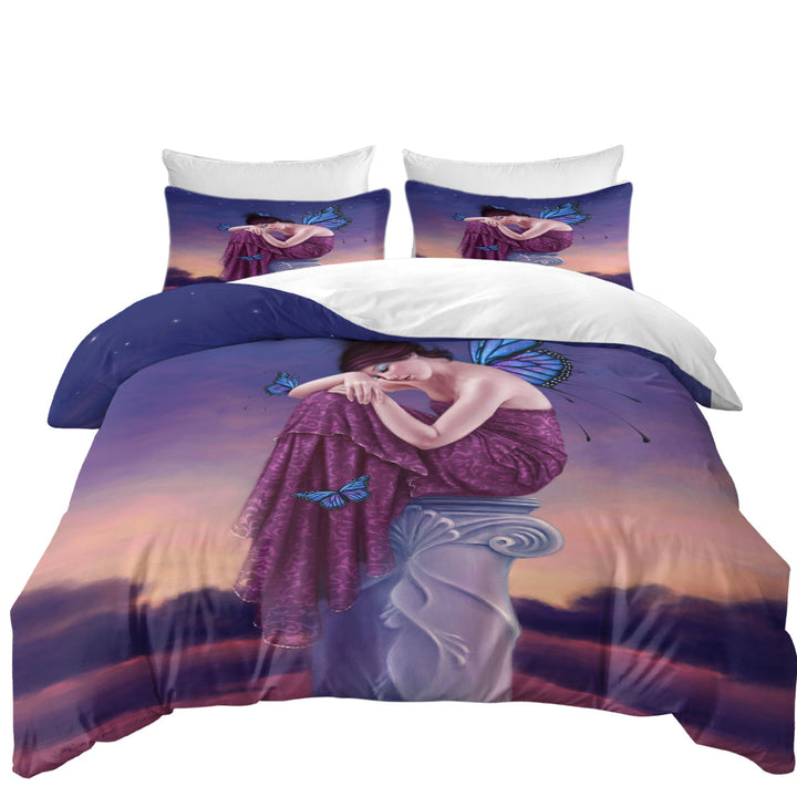 Art Painting Sunset Sleepy Butterfly Girl Duvet Covers
