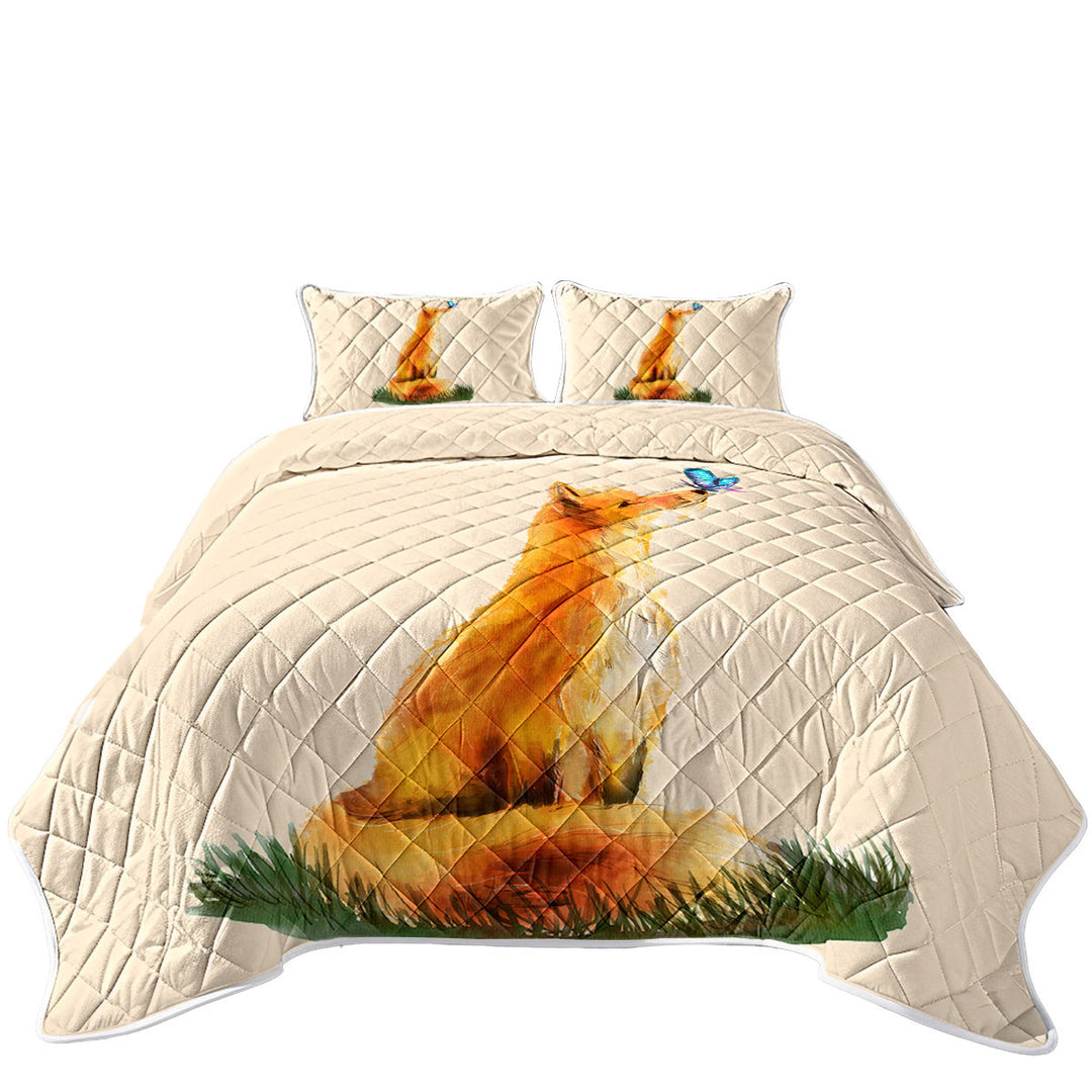 Art Painting Sweet Fox and Butterfly King Size Quilt