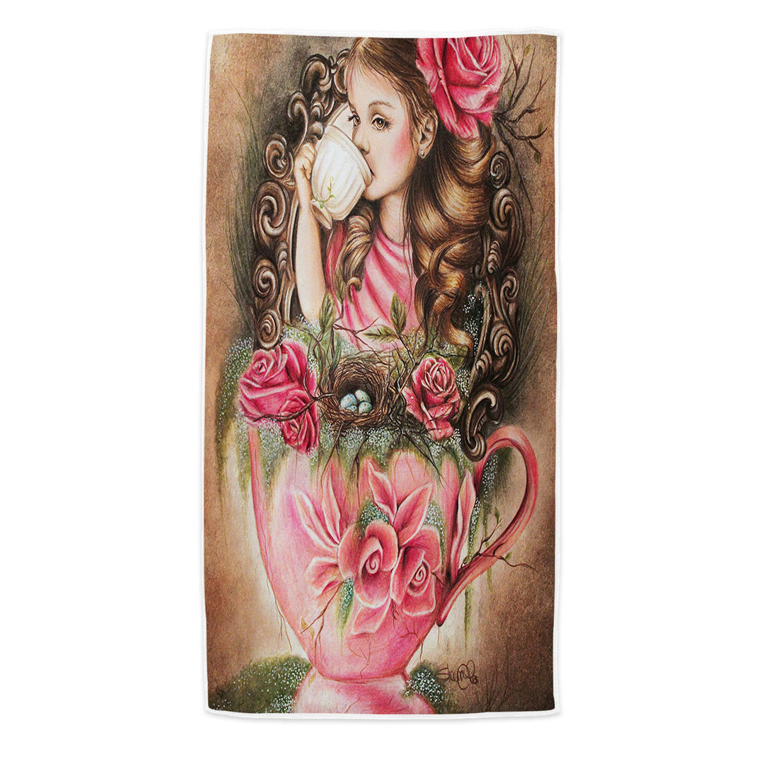 Art Painting Unique Beach Towel Little Girl Porcelain Cup and Roses