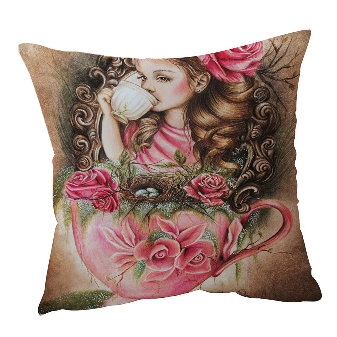 Art Painting Unique Decorative Cushions Little Girl Porcelain Cup and Roses