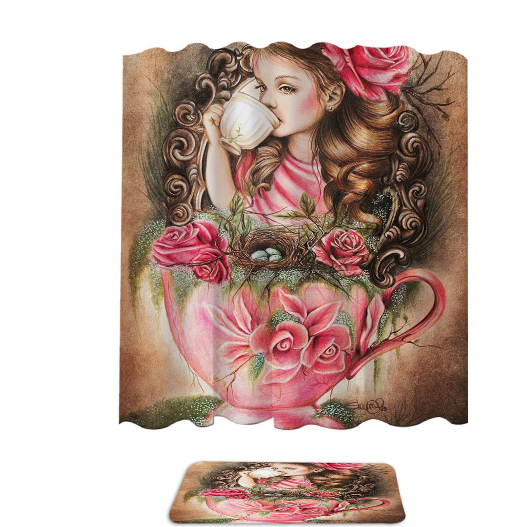 Art Painting Unique Decorative Shower Curtains Little Girl Porcelain Cup and Roses