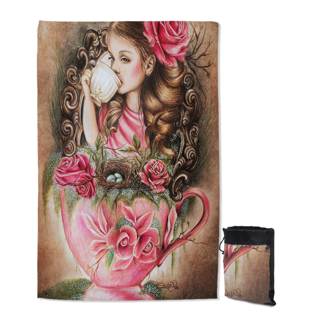 Art Painting Unique Travel Beach Towel Little Girl Porcelain Cup and Roses