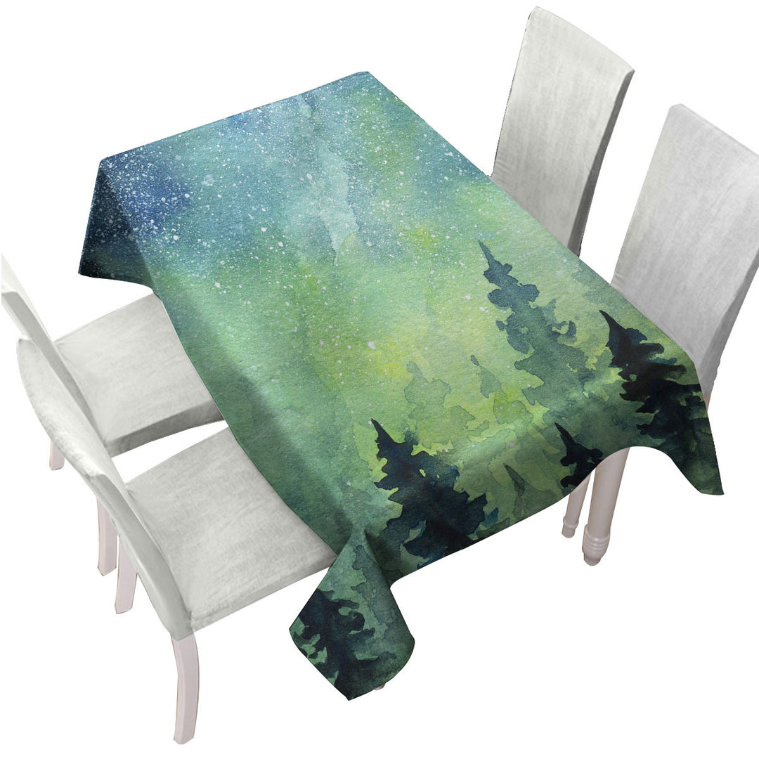 Art Painting of Green Night Pine Forest Tablecloths