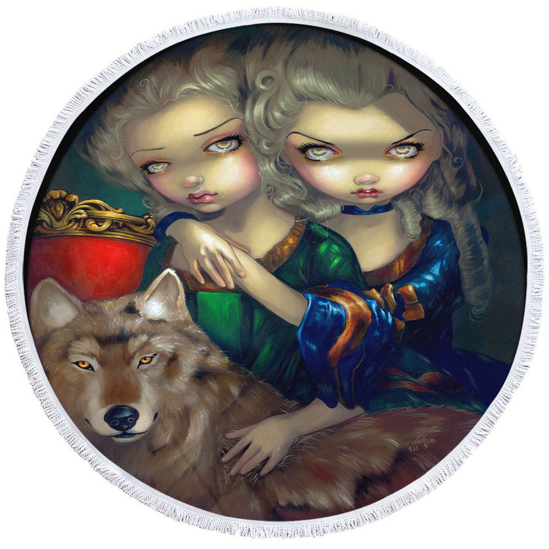 Art Round Beach Towel Loup Garou Beautiful Girls Twins and Their Wolf