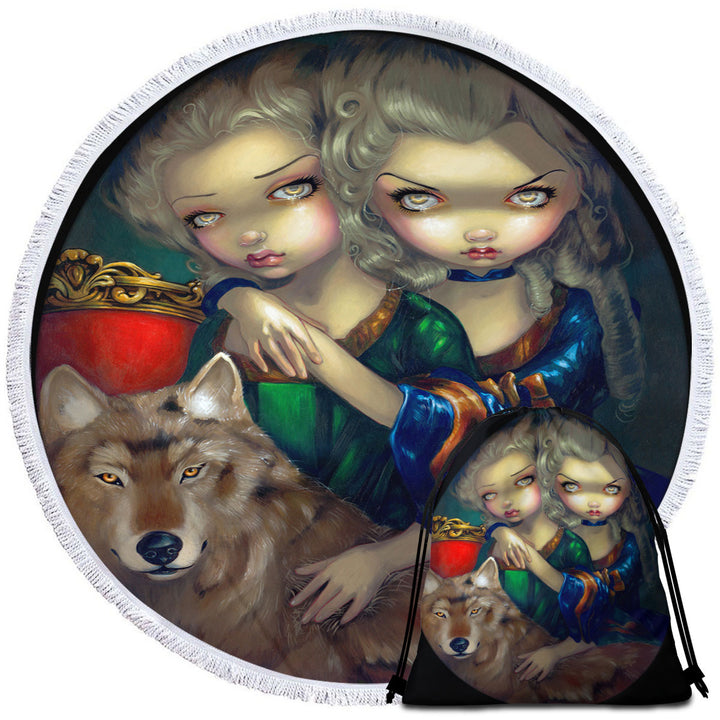 Art Round Towel Loup Garou Beautiful Girls Twins and Their Wolf