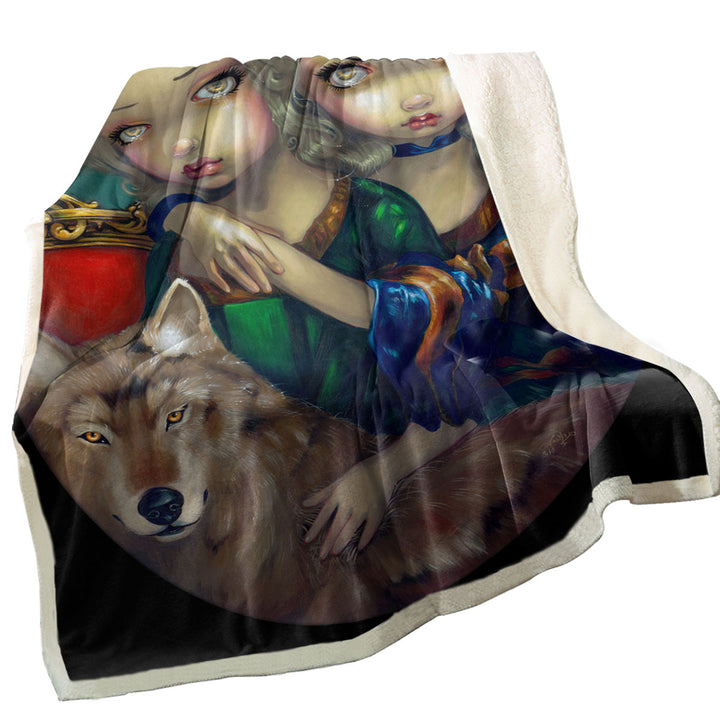 Art Throw Blanket Loup Garou Beautiful Girls Twins and Their Wolf