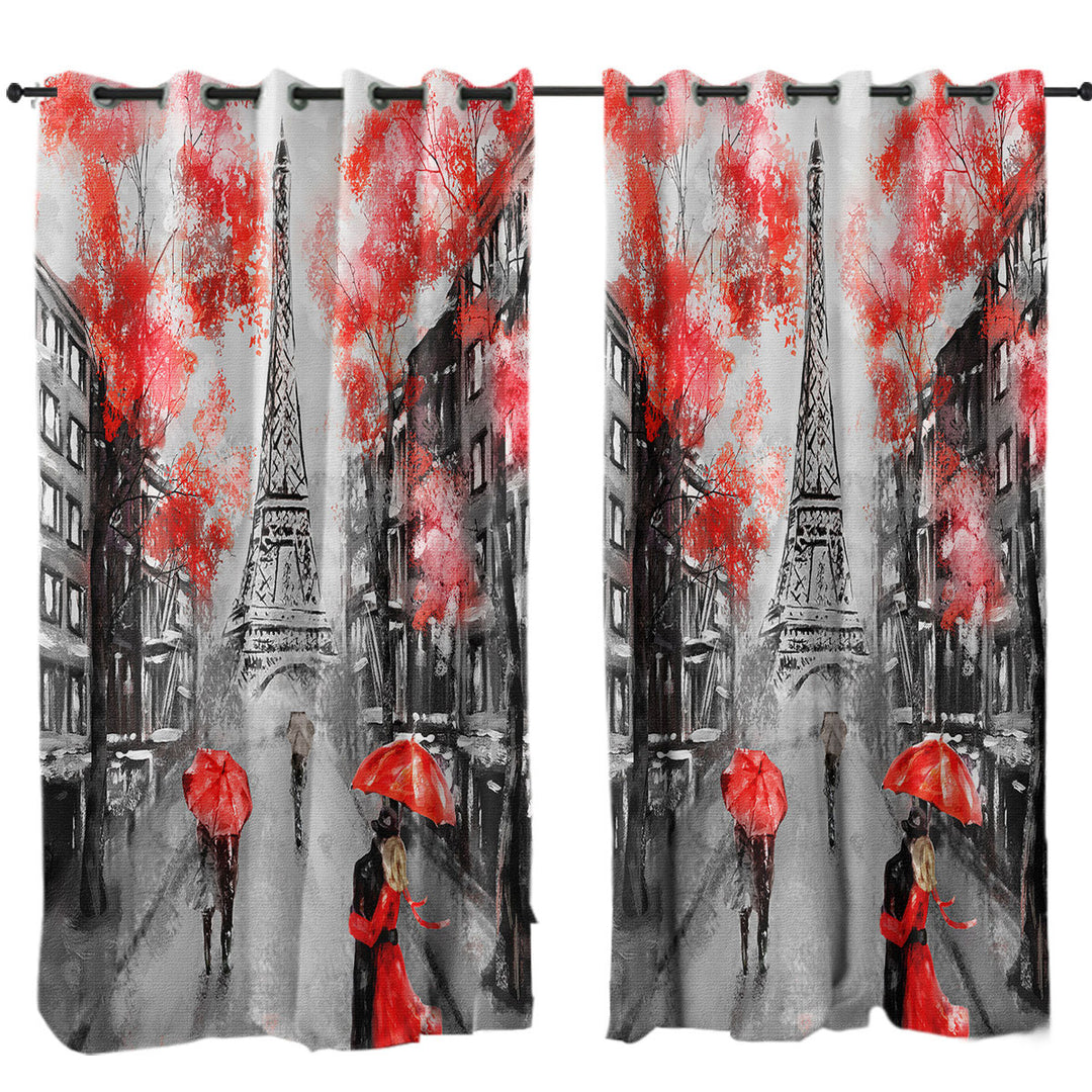 Artistic Autumn Red Eiffel Tower Drapes and Curtains