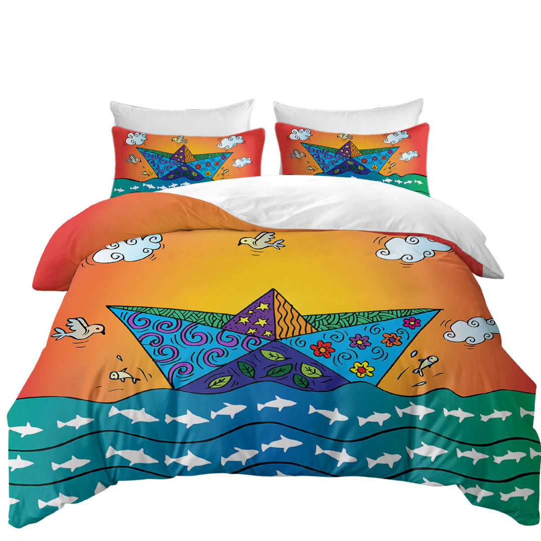 Artistic Multi Colored Origami Boat Duvet Covers