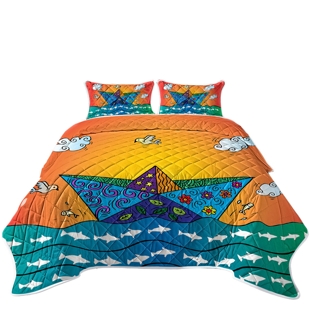 Artistic Multi Colored Origami Boat King Size Quilt Sets
