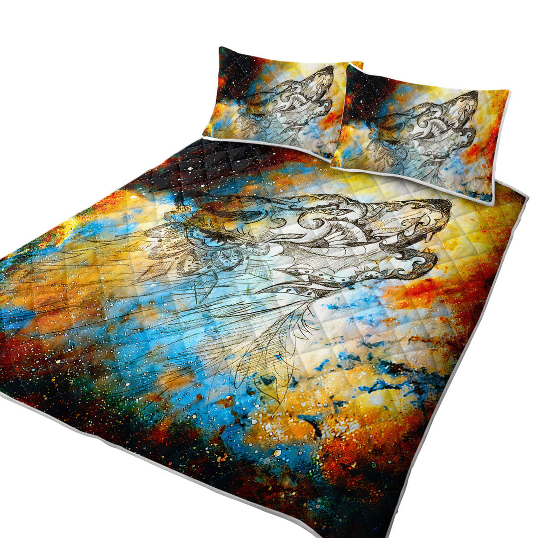 Artistic Native American Wolf Spirit King Size Bedspreads