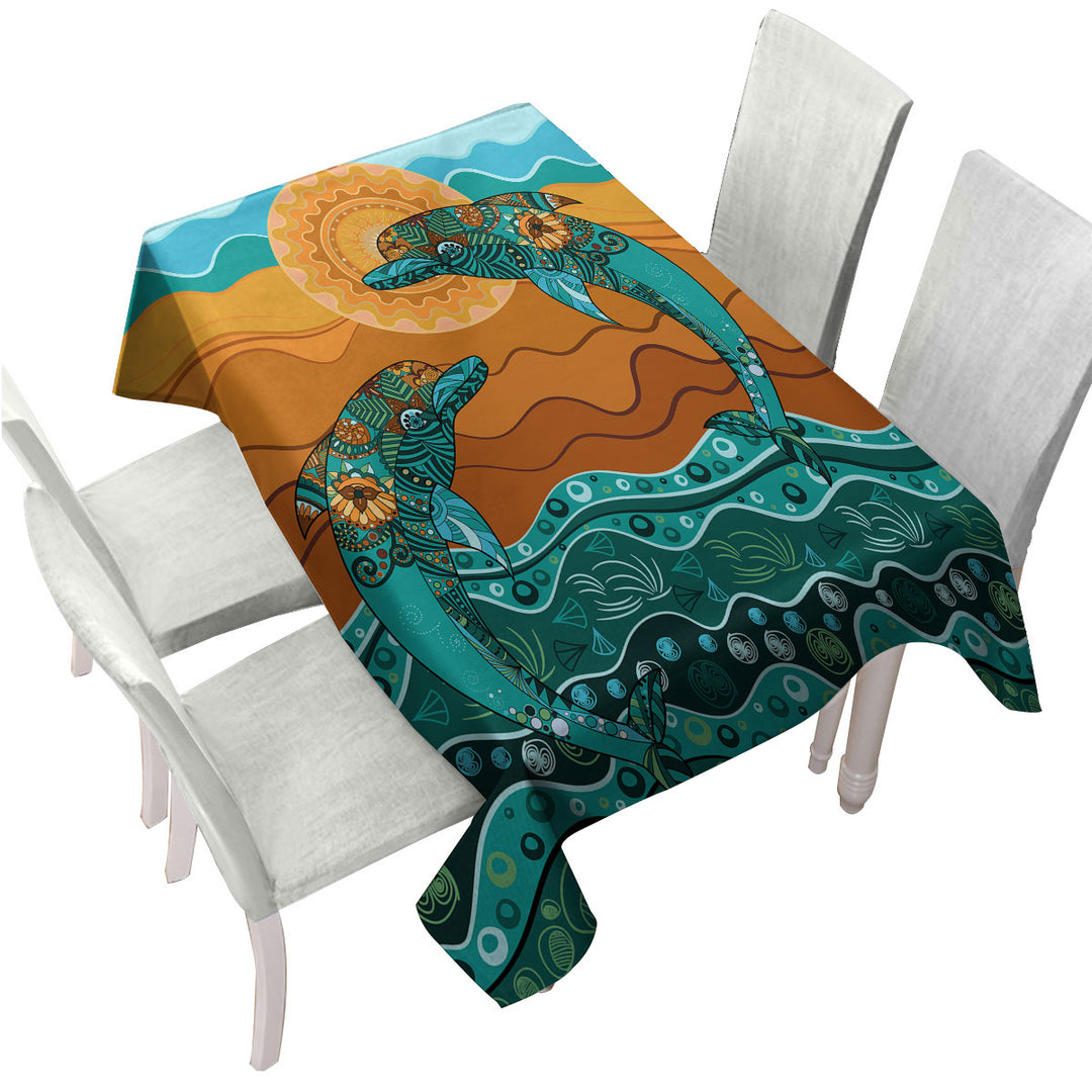 Artistic Ocean and Dolphins Tablecloth