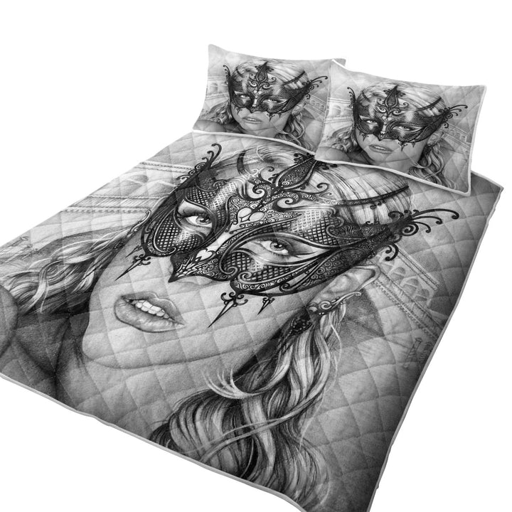 Artistic Pencil Drawing Venice Masked Woman King Size Quilt Sets