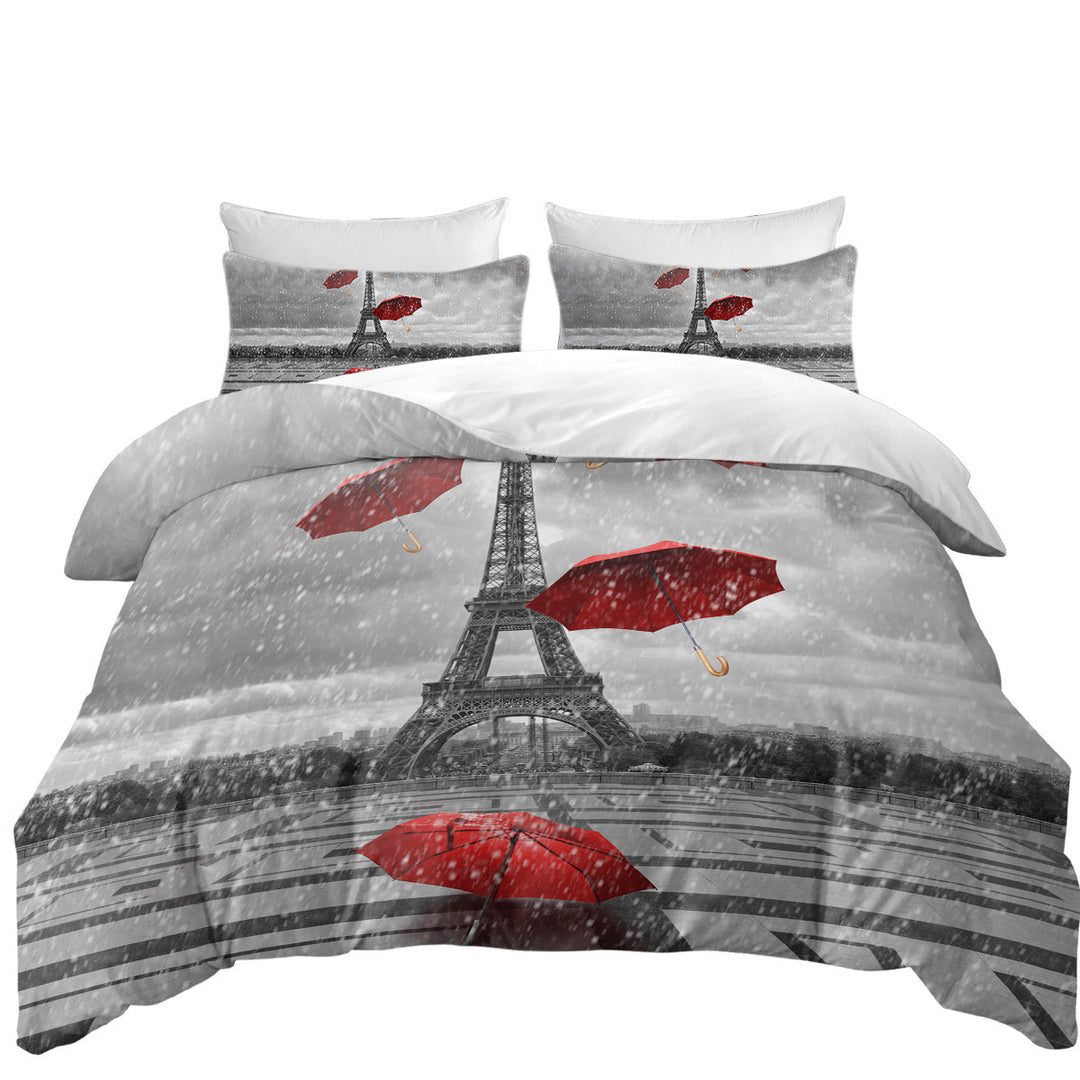 Artistic Photo Eiffel Tower VS Red Umbrellas Duvet Cover