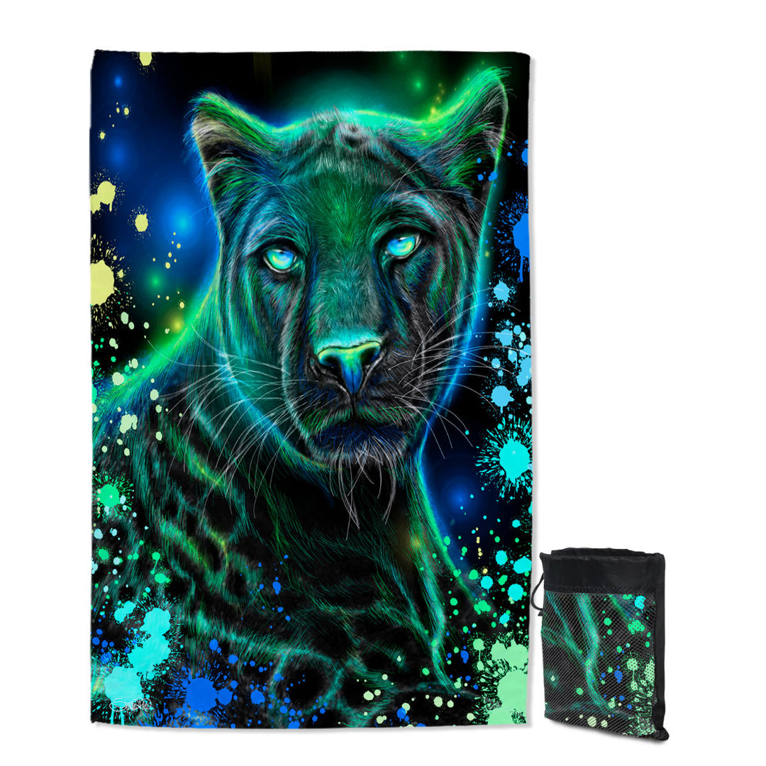 Artwork Neon Blue Green Panther Beach Towels