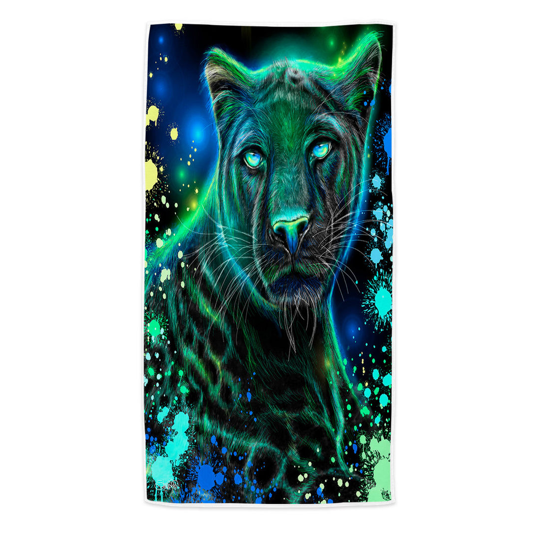 Artwork Neon Blue Green Panther Microfibre Beach Towels