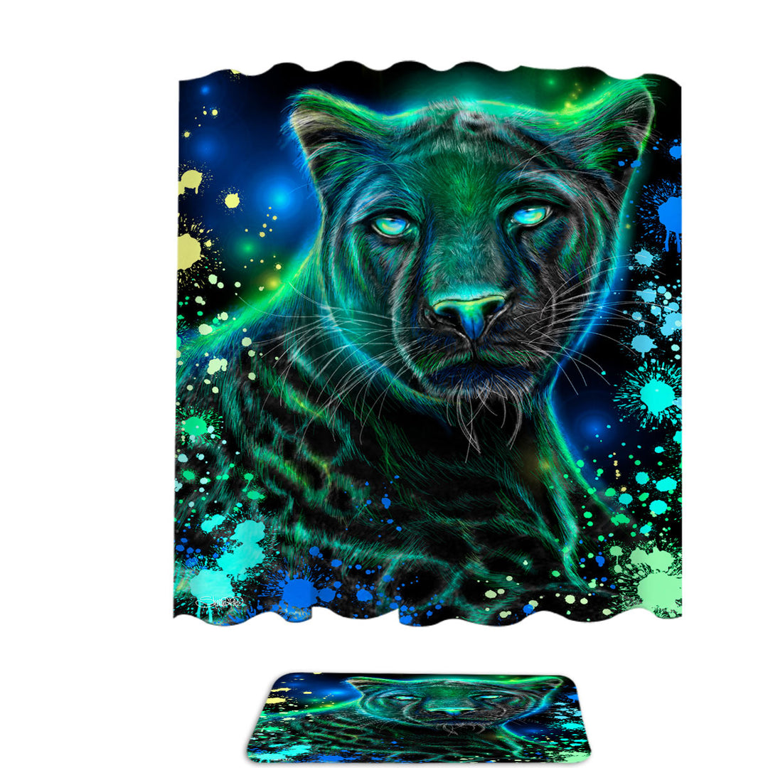 Artwork Neon Blue Green Panther Shower Curtains
