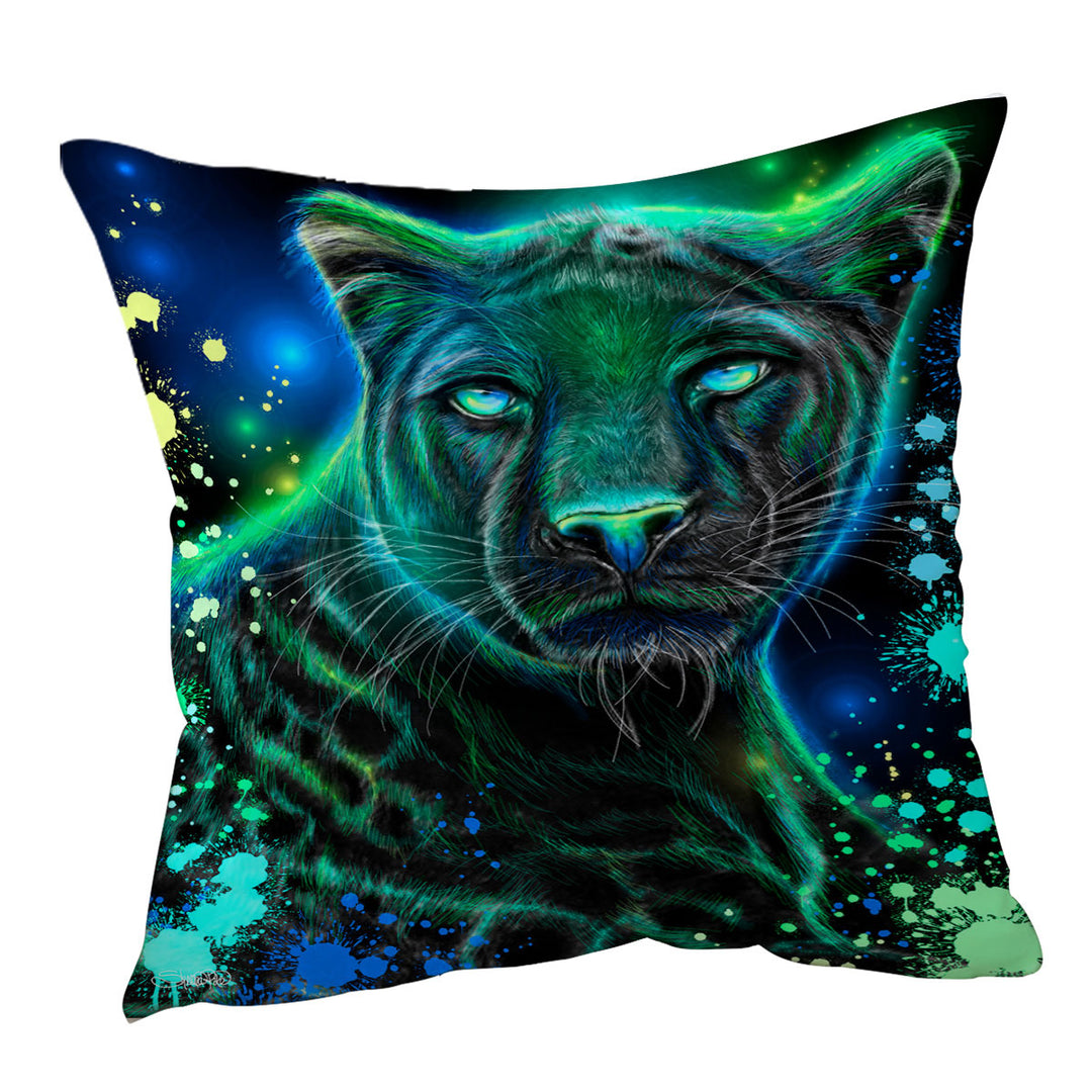 Artwork Neon Blue Green Panther Throw Pillows