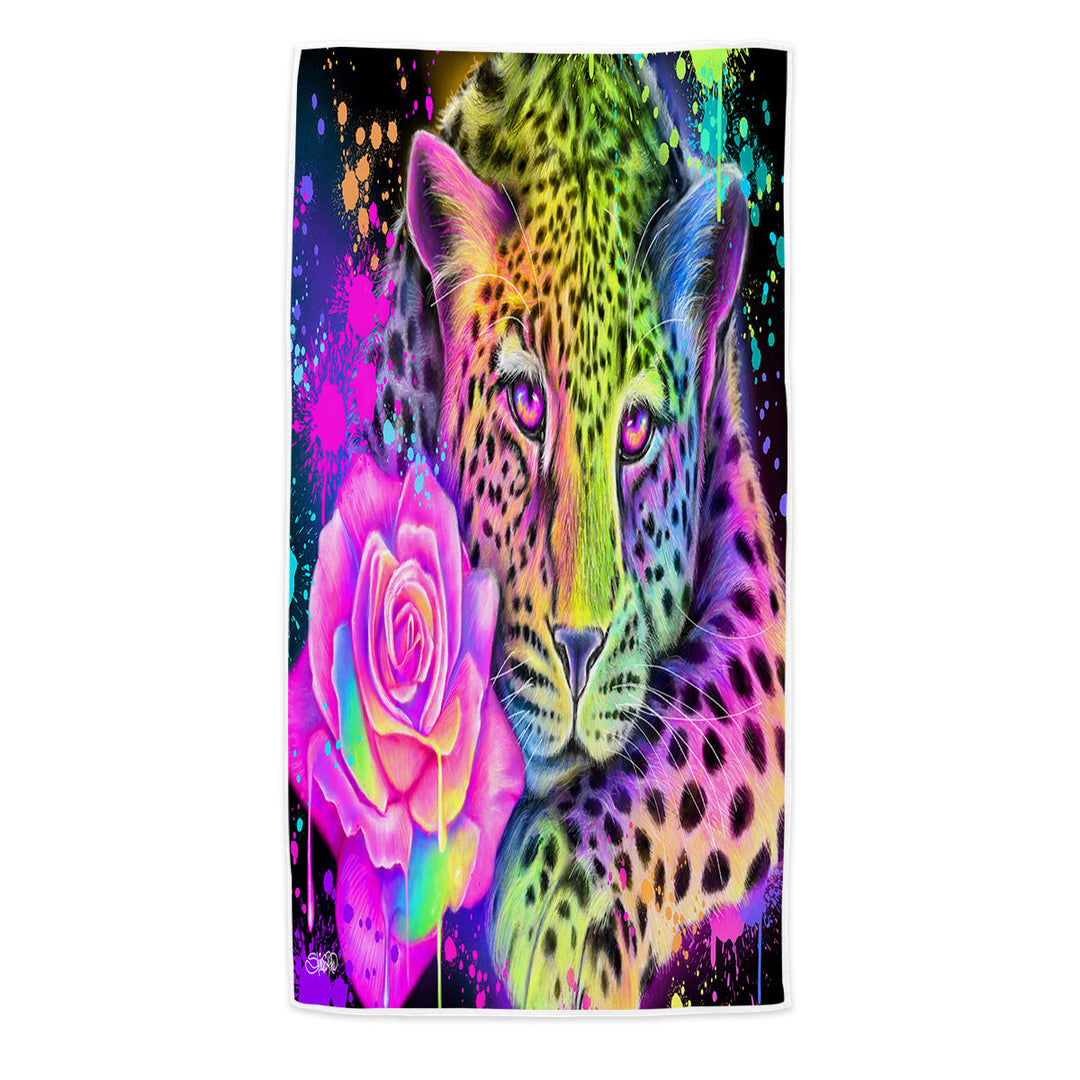 Artwork Neon Rainbow Leopard Beach Towel