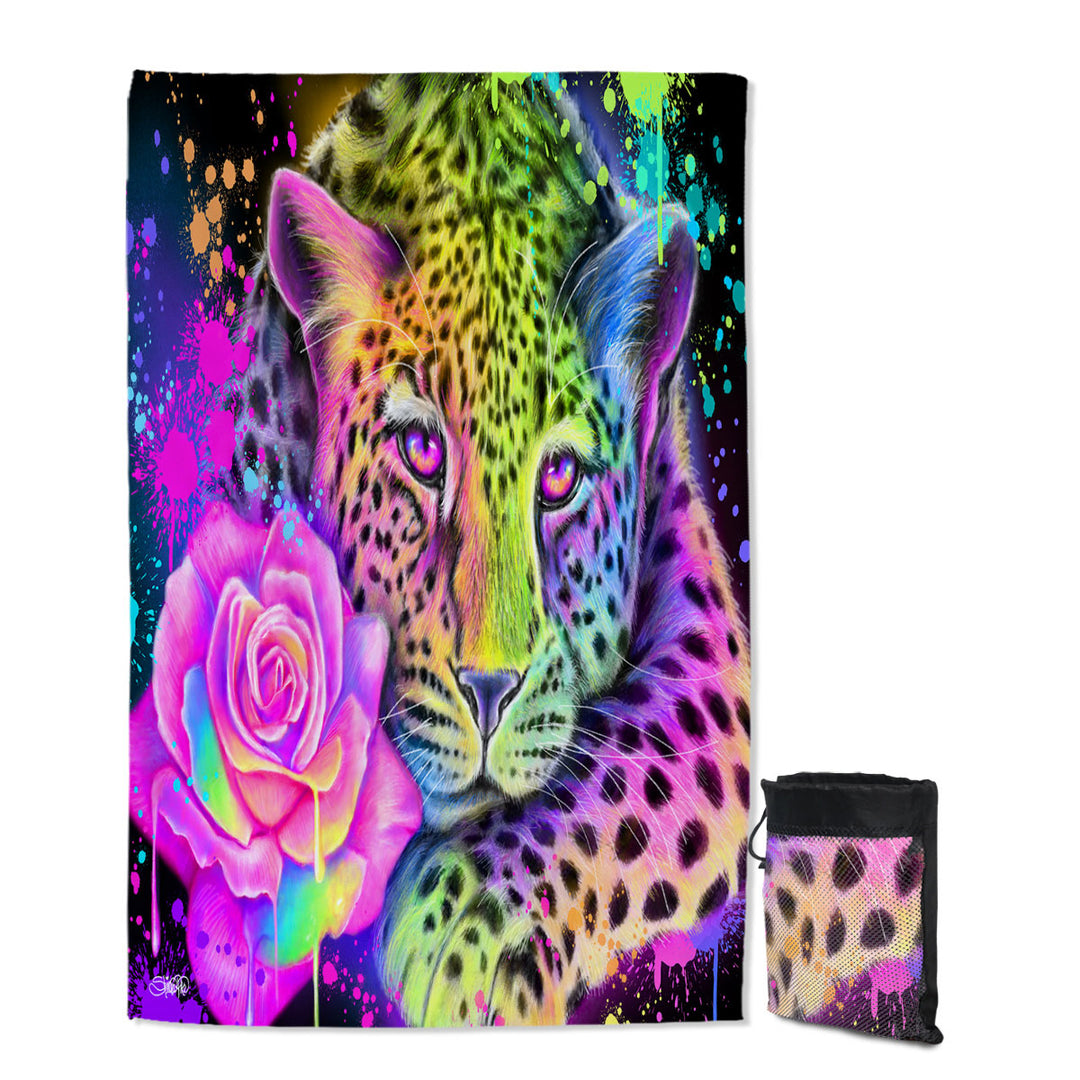 Artwork Neon Rainbow Leopard Quick Dry Beach Towel for Travelers