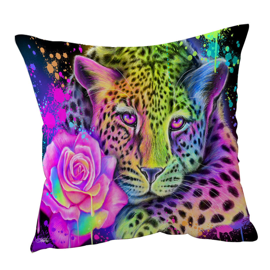Artwork Neon Rainbow Leopard Throw Pillows and Cushions
