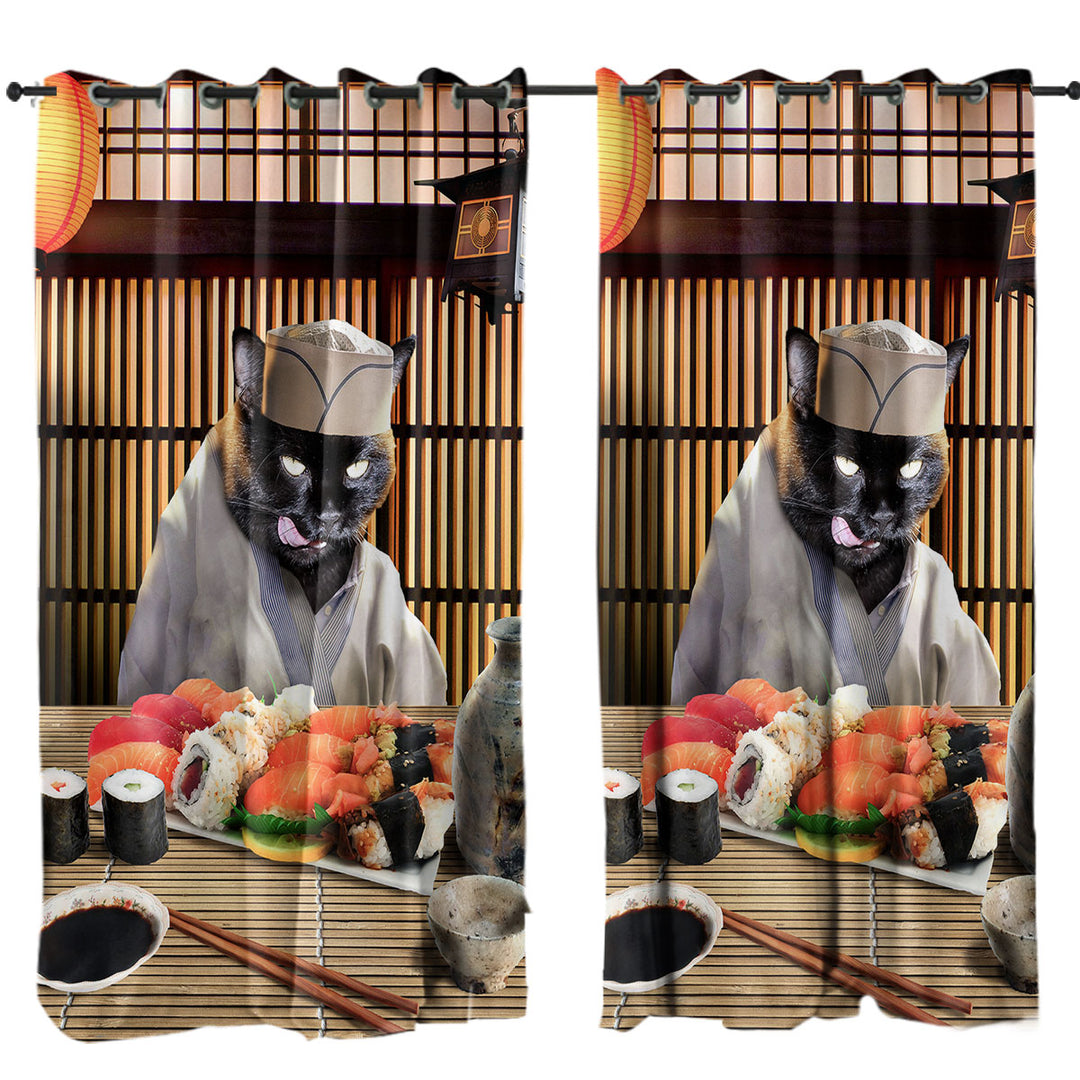 Awesome Cool Art Funny Japanese Sushi Chef Cat Drapery