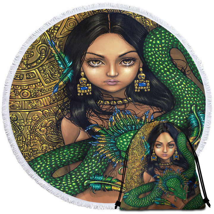 Aztec Round Beach Towel Priestess of Quetzalcoatl Aztec Mayan Maiden