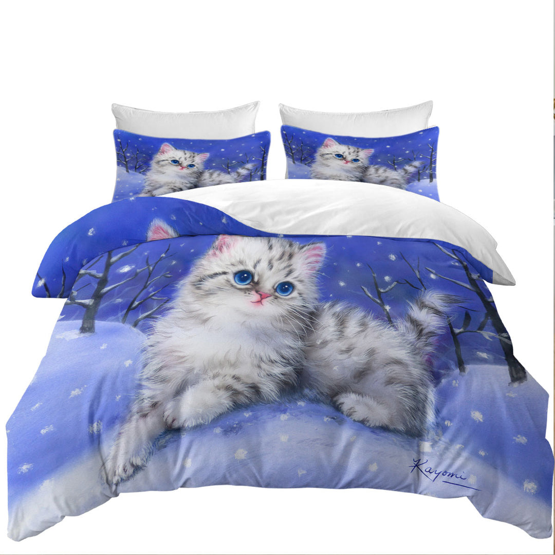 Baby Blue Eyes Grey Kitten on Snow Hill California King Duvet Cover