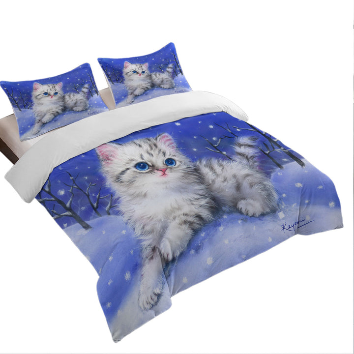 Baby Blue Eyes Grey Kitten on Snow Hill Coverlets