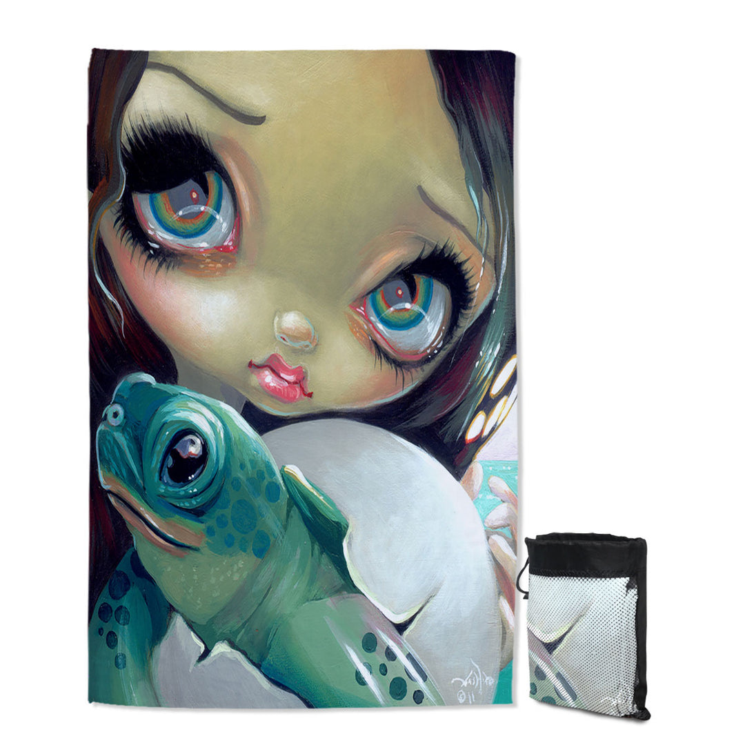 Baby Turtle Beach Towels Faces of Faery _164 Cute Girl with Baby Turtle