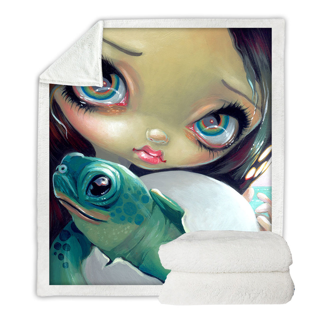 Baby Turtle Fleece Blankets Faces of Faery _164 Cute Girl with Baby Turtle